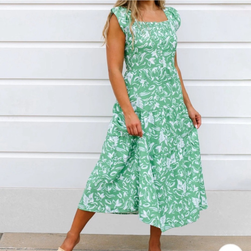 Green Floral Maxi Dress with Square Neckline and Flutter Sleeves